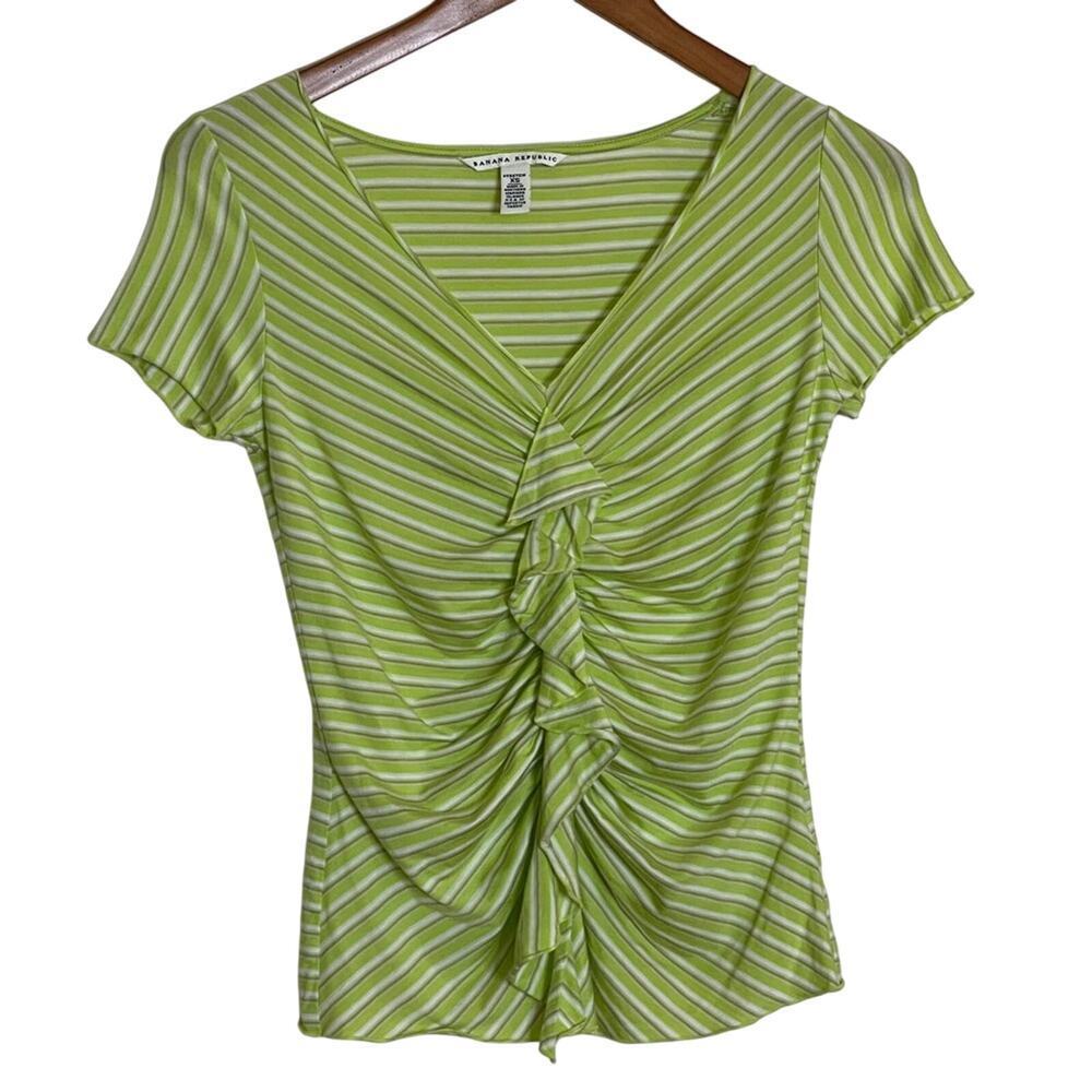 Banana Republic Y2K Ruffle Front Top Striped Lime Green White Size XS